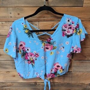 No Boundaries Floral Tie-Front Blouse Floral Crop Top Size Xl Cute Cheap